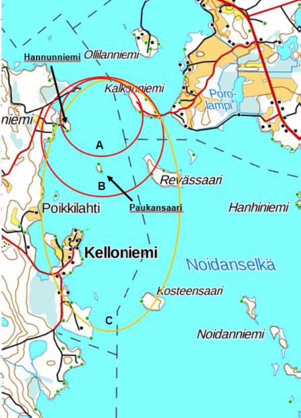 227 Kuivana kesänä vastaava alue ulottuu noin 1,5 km etäisyydelle purkupaikasta (yllä oleva kuva: alue B, Kalkonniemen muut alueet, Paukansaari, Revässaaren länsiranta ja Termusniemen pohjoisosan
