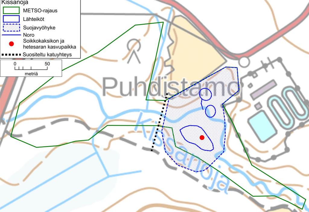 todettu selkeää pohjaveden purkautumiskohtaa. Alue on palautumassa luonnontilaan. Pohjoisemmalta lähteikköalueelta virtaa Kissanojaan lyhyt noro. Lähteiköissä kasvaa mm.