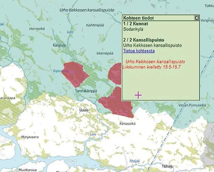 KUVA 1. Kuvakaappaus Metsähallituksen www.retkikartta.fi sivustolta. Kuvassa näkyy osia Sompion luonnonpuistosta, Urho Kekkosen kansallispuistosta ja Kemihaaran erämaa-alueesta.