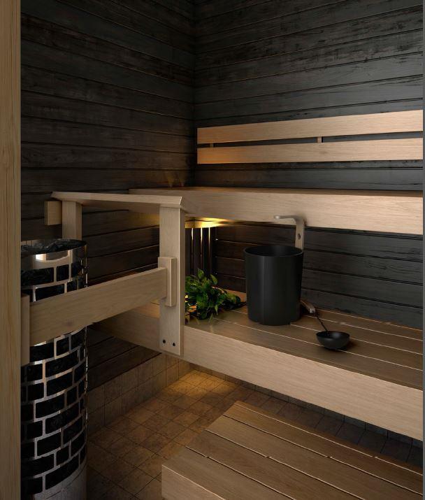 Sauna Saunan lauteiden ja paneeleiden sävytys Saunan seinä- ja kattopaneeleiden sävytys Musta, mocca tai harmaa Paneelit kuusta 15x95 STP/VK Sisältää karmin ja mahdollisen ikkunanpokan sävytyksen
