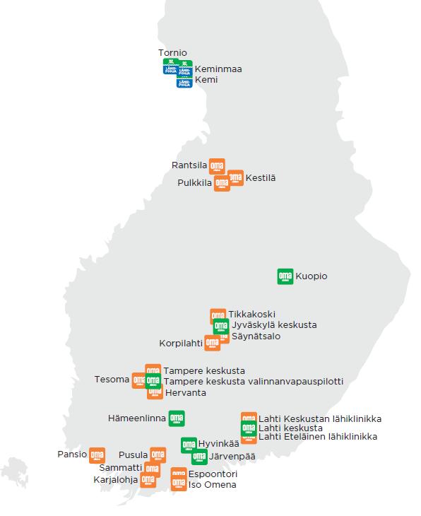 MEHILÄISEN PERUSTERVEYDENHUOLTO PÄHKINÄNKUORESSA 26 Mehiläisellä on 26 julkisen palvelun terveysasemaa kolmellatoista paikkakunnalla.