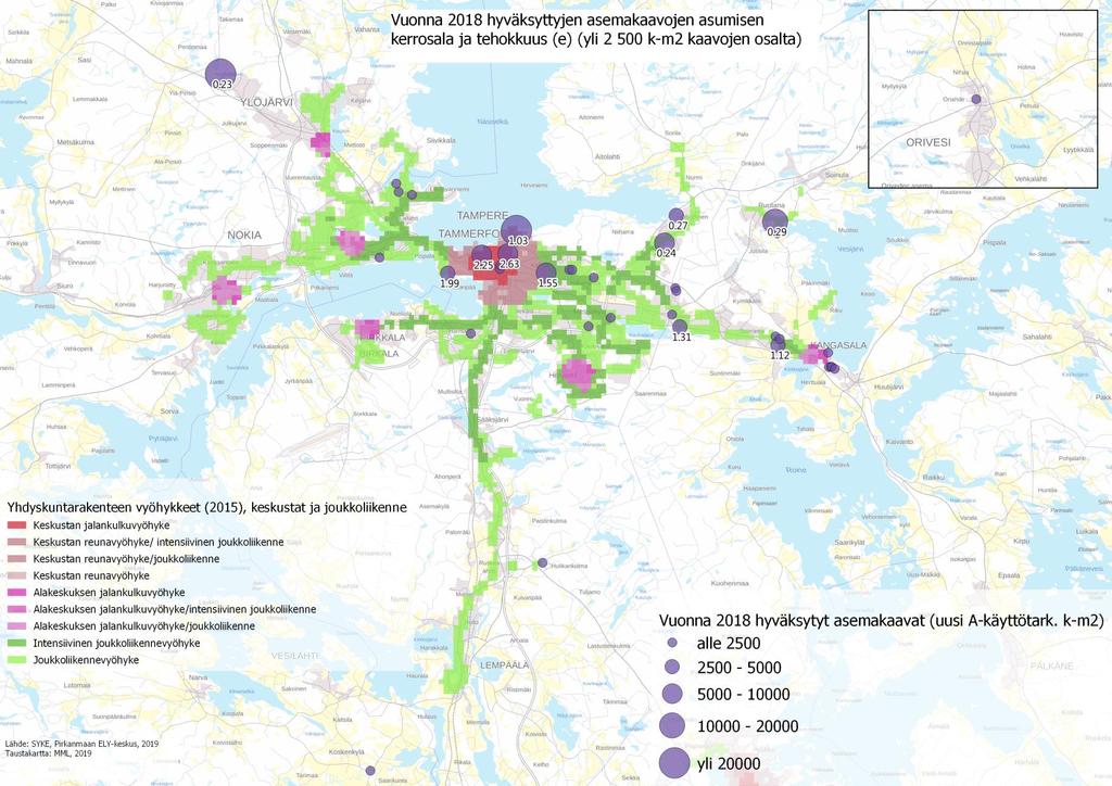 Hyväksytyt asumisen asemakaavat 2018 Uuden kerrosalan sijoittuminen