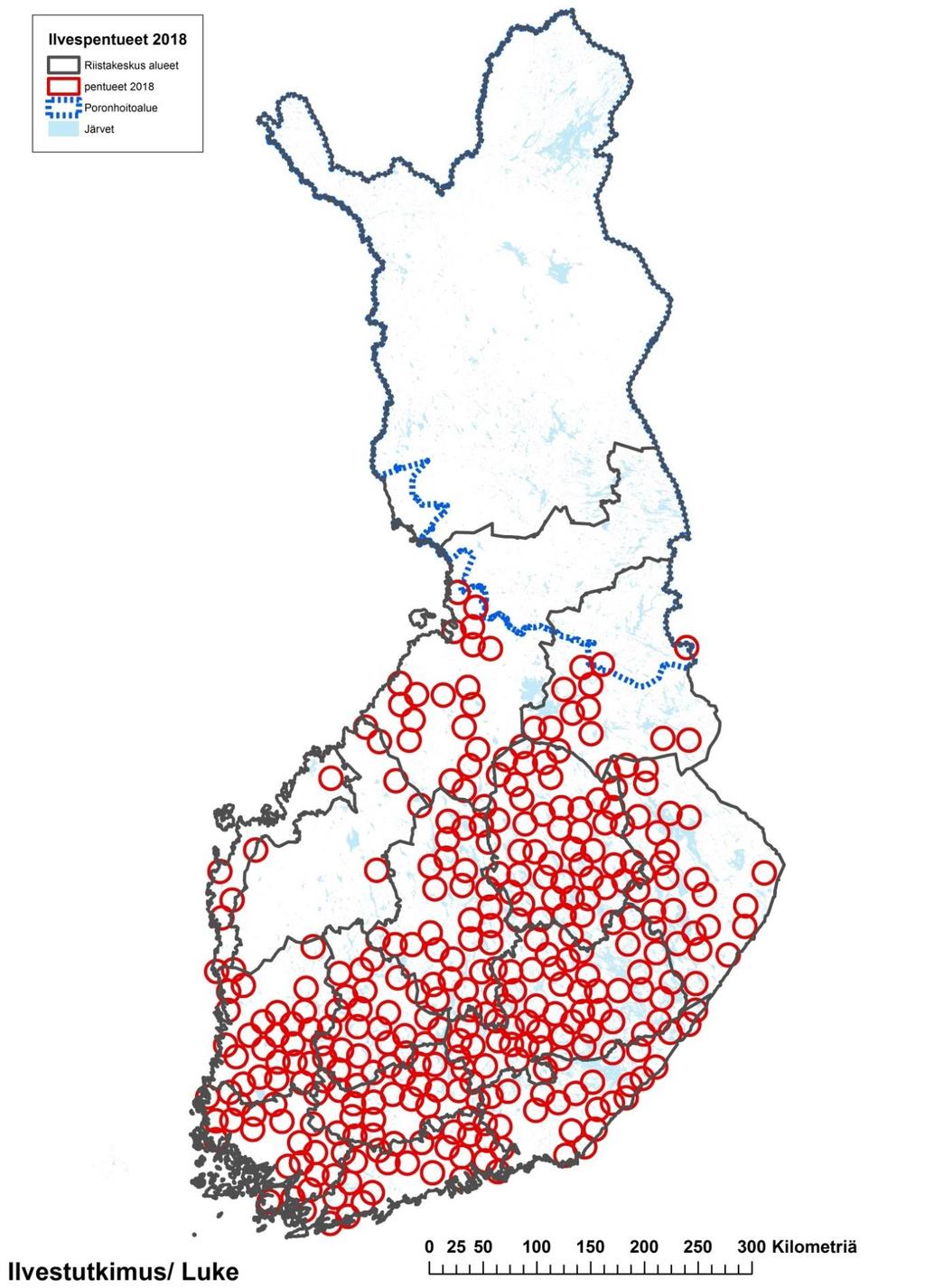Kuva 4. Ilvesten pentuehavainnoista johdettu arvio erillisistä pentueista vuonna 2018.