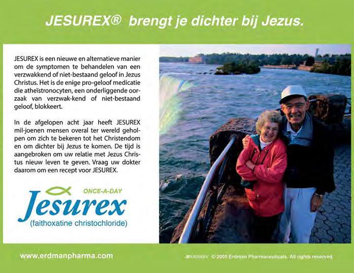 Figure 8. Jesurex advertisement (2010). De Speld satirical Dutch news website. Lisa Erdman. Language translation to Dutch: Bas den Herder.