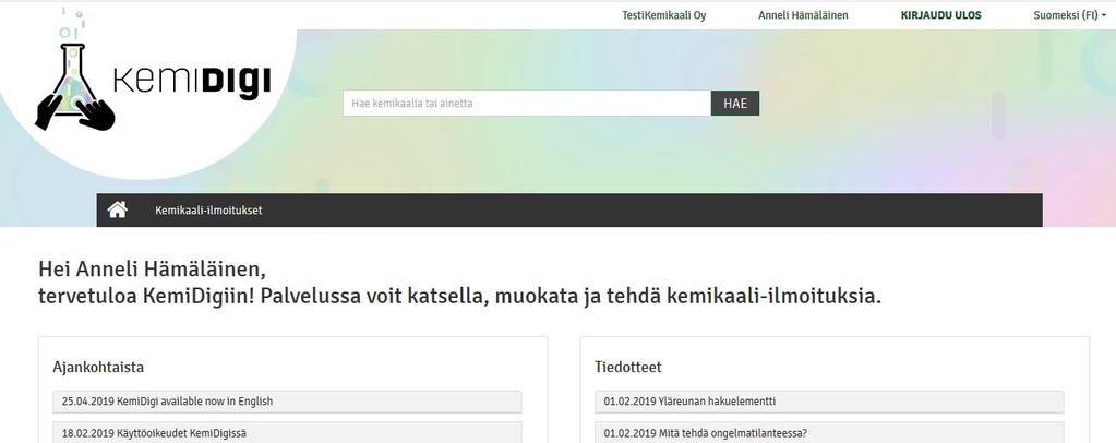 Määrätietoilmoitusta koskevien oikeuksien antaminen Vain pääkäyttäjällä on pääsy KÄYTTÄJÄT välilehdelle, jossa voi lisätä KemiDigin käyttäjiä ja antaa heille erilaisia oikeuksia KemiDigin