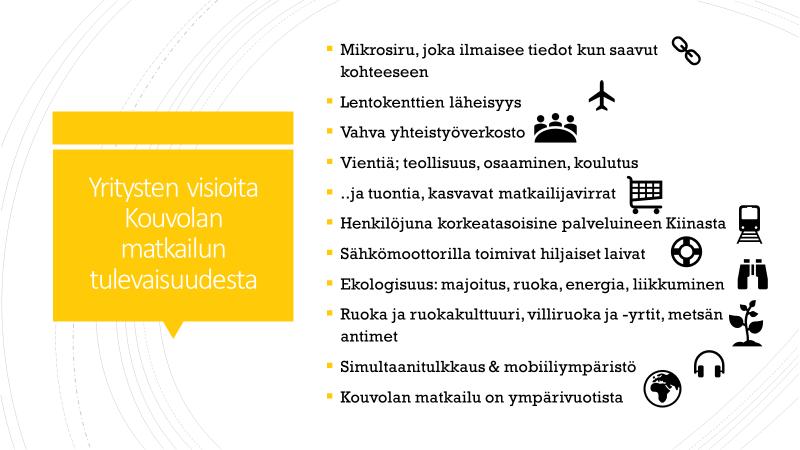 64 (84) Kuvio 9. Kouvolan matkailualan yritysten visioita matkailun tulevaisuudesta yrityksissä ja Kouvolassa. Helena Kekäläinen, 2018.