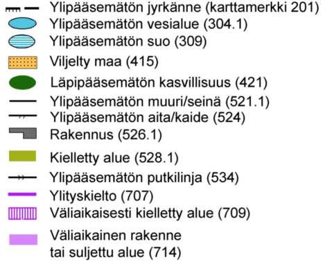 HUOM! Kielletyksi merkityn tien kohdalla kartalla olevaa jalkakäytävää/pyörätietä saa käyttää. Kielletyksi kilpailukartalla merkityt tiealueet ovat autolla ajamiseen tarkoitettuja väyliä.