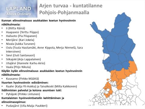 Kuva 3. Arjen turvan toimintamallin kunnat kehittämiskohteineen ja yhdyshenkilöineen Pohjois-Pohjanmaalla.