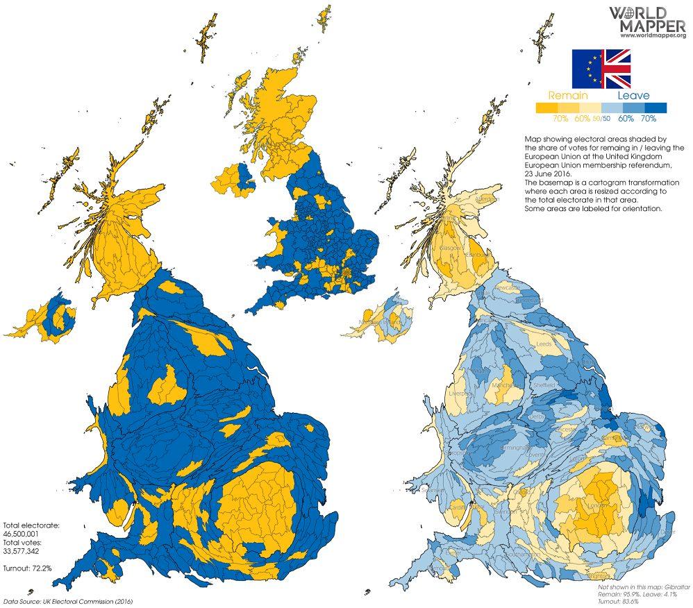 Kartan lähde: Worldmapper Brexit means Brexit! Äänestystuloksen selvittyä pääministeri Theresa May totesi painokkaasti: Brexit means Brexit!
