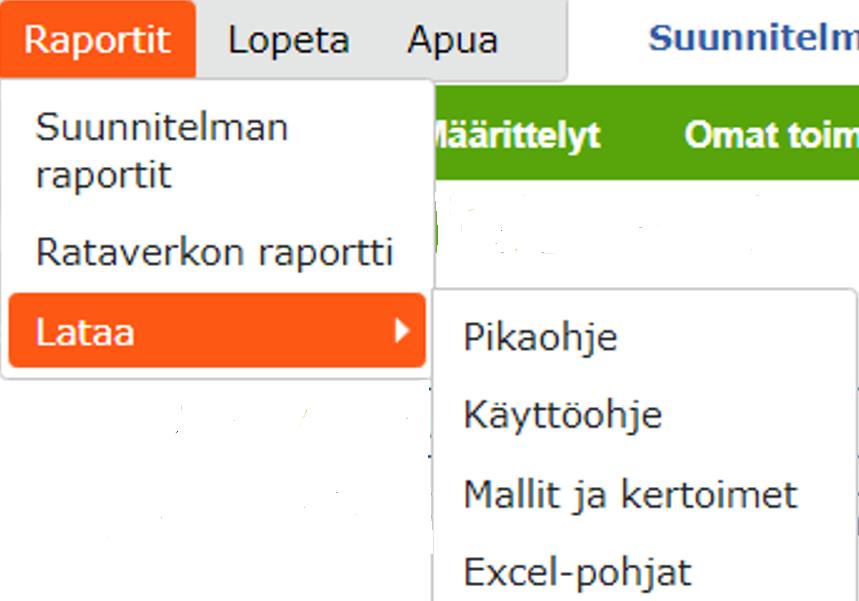 . Komentovalikko: Raportit - Valinnalla Suunnitelman raportti () luodaan suunnitelmasta haluttu raportti, katso sivu - Valinnalla Rataverkon raportti () luodaan suunnitelmasta haluttu tieverkon