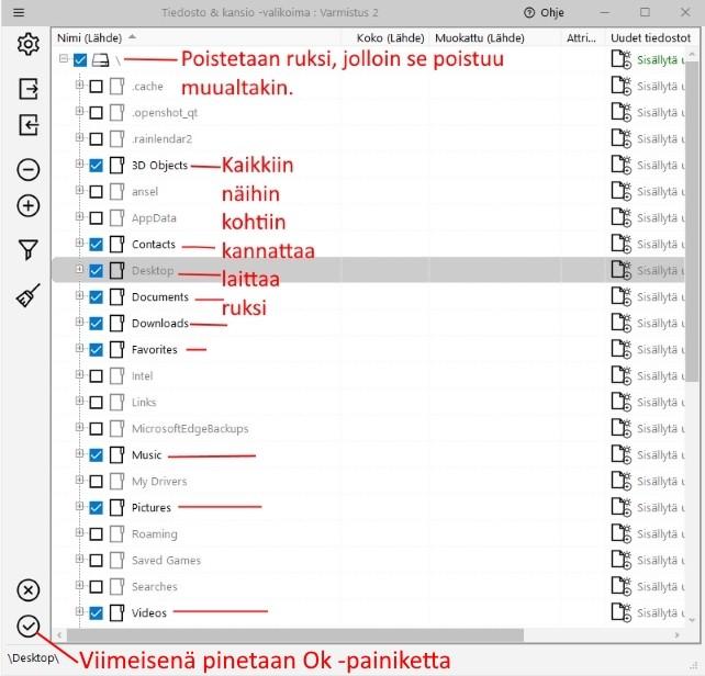 Vasemmasta sarakkeesta valitaan ulkoinen kiintolevy, tässä esimerkissä se on: Varmistus (G:). Valitaan Valitse kansio -painike.