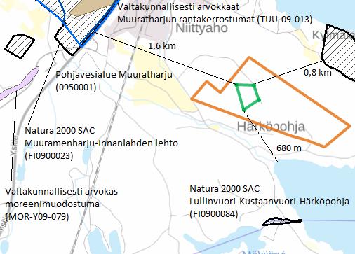 Kuva 4. Alueen sijoittuminen suhteessa lähimpään pohjavesialueeseen Muuratharju (0950001) sekä lähimpiin Natura 20