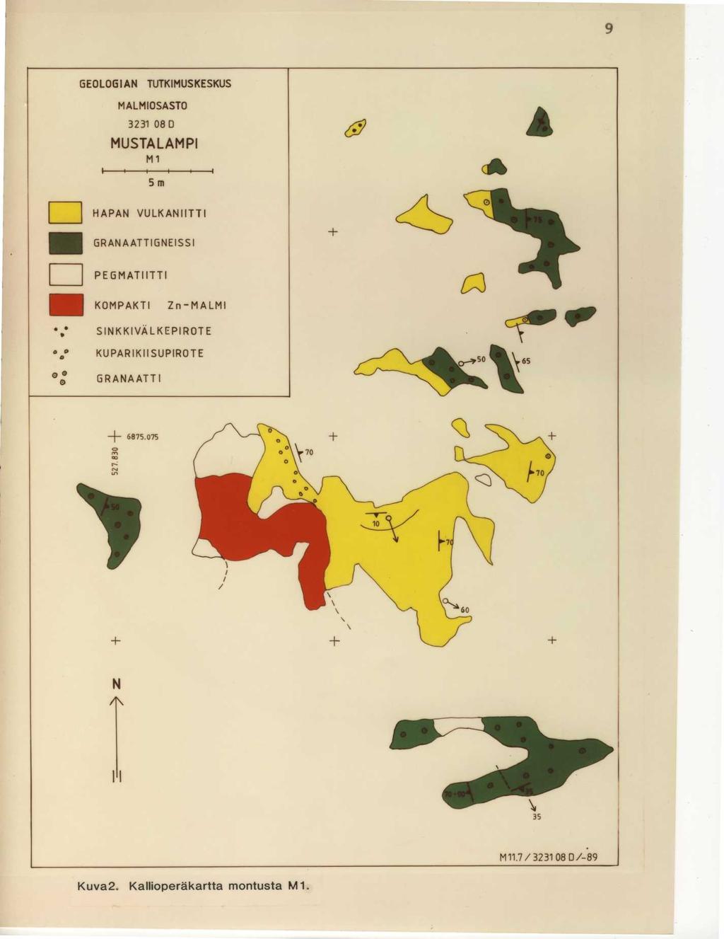 9 GEOLOGIAN TUTKIMUSKESKU S MALMIOSAST O 3231 08 D MUSTALAMP I M l i i 5 m HAPAN VULKANIITT I GRANAATTIGNEISS I PEGMATIITT I