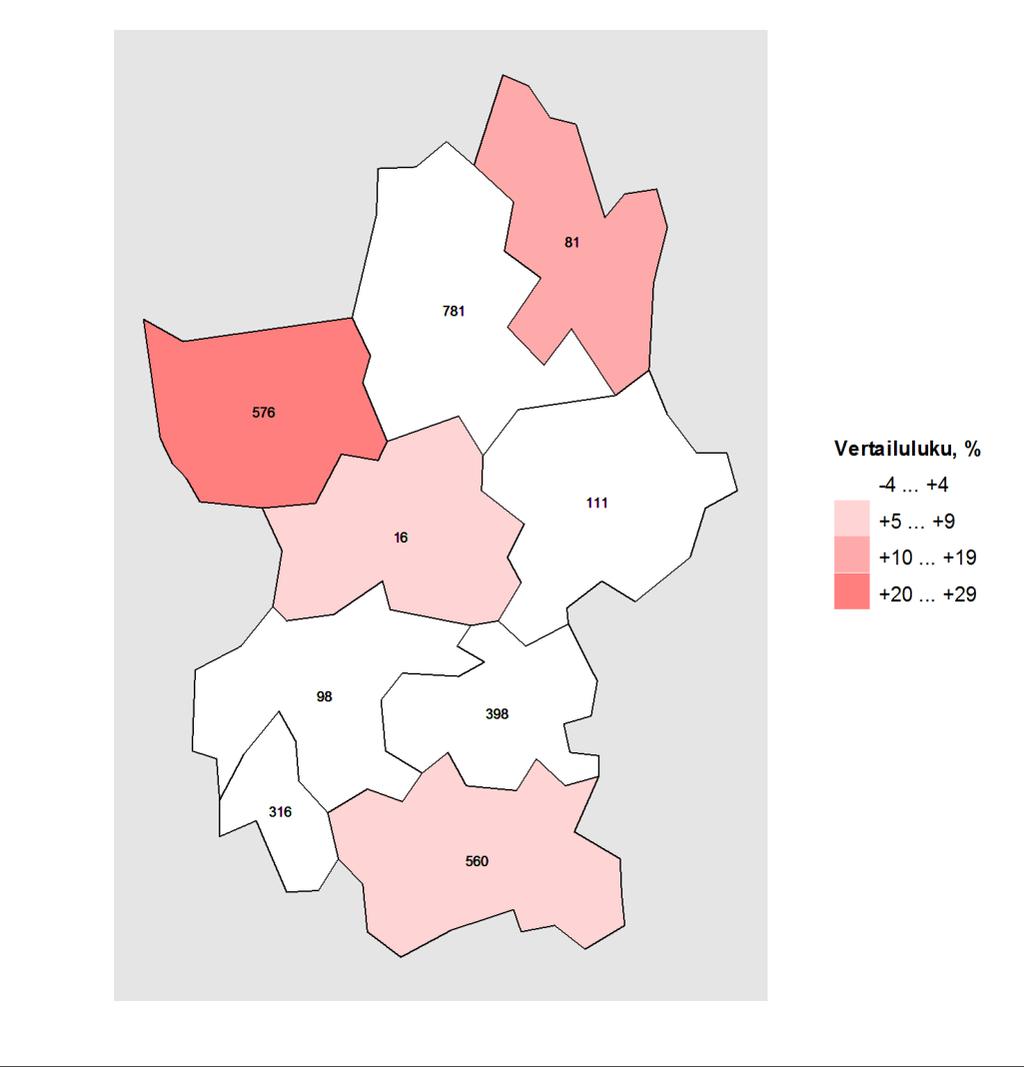 Kartta 1. Vammojen ja myrkytysten aiheuttamat hoitojaksot alueen kunnissa vuosina 2010 2014, vertailutiedot koko maan tilanteeseen. Kartta: Maanmittauslaitoksen Yleiskartta 1:4 500 000, 2011.