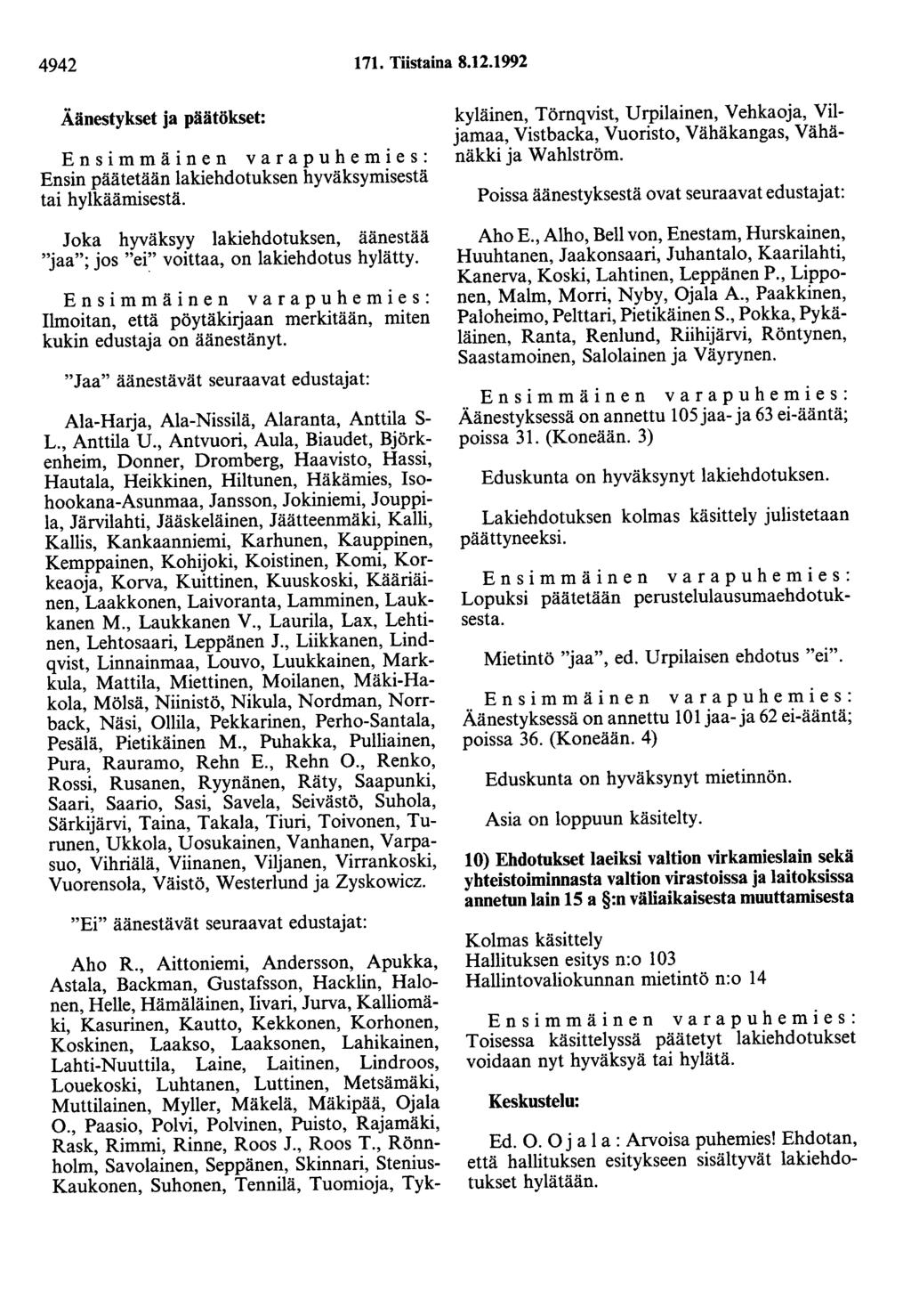 4942 171. Tiistaina 8.12.1992 Äänestykset ja päätökset: Ensin päätetään lakiehdotuksen hyväksymisestä tai hylkäämisestä.