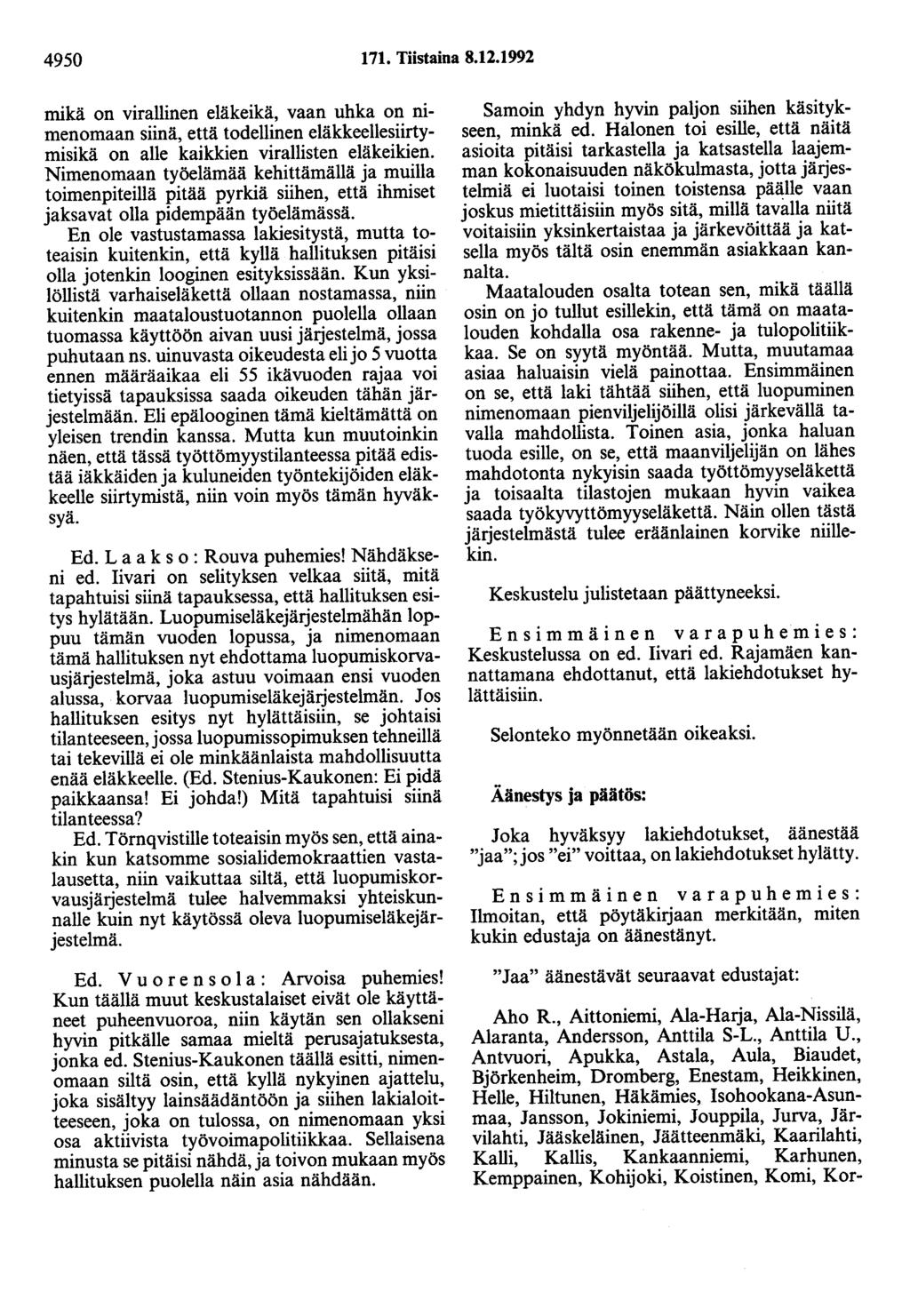4950 171. Tiistaina 8.12.1992 mikä on virallinen eläkeikä, vaan uhka on nimenomaan siinä, että todellinen eläkkeellesiirtymisikä on alle kaikkien virallisten eläkeikien.