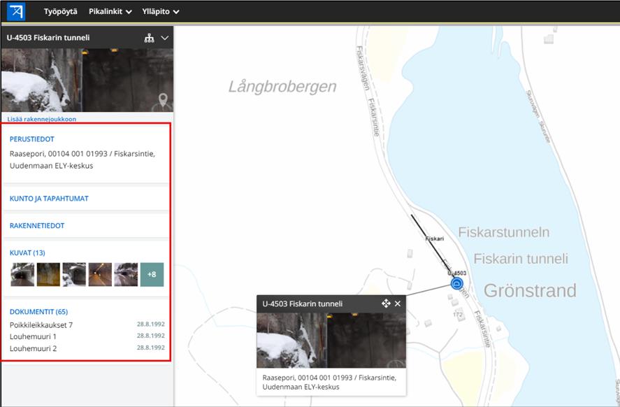 16 2.3 Tarkastuskäyttöliittymä Taitorakennerekisterissä kuvatut rakenteet on jaettu kohtiin perustiedot, kunto ja tapahtumat, rakennetiedot, kuvat ja dokumentit.