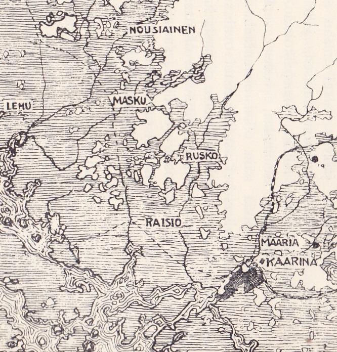 Kartta 4. Kivikauden meri Turun pohjoispuolisilla alueilla maan ollessa 34 metriä alempana kuin nykyään (Tallgren 1931, 20; osa kuvasta 13).