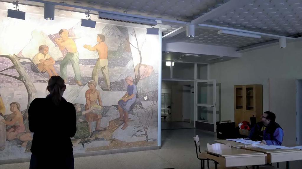 Olavi Ermalan seinämaalauksen (1953) remontinaikaisen suojauksen suunnittelua Keuruun kivikoulussa yhdessä Keuruun kaupungin tilapalvelun kanssa joulukuussa 2016.