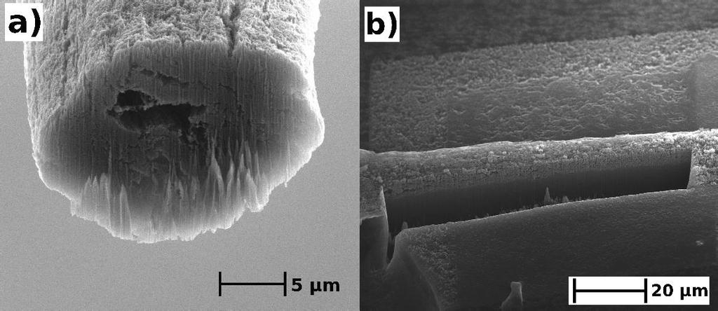Figure 13. (a) Transverse and (b) longitudinal CNT fiber (used in Publication I & II) cross sections by focused ion beam milling.