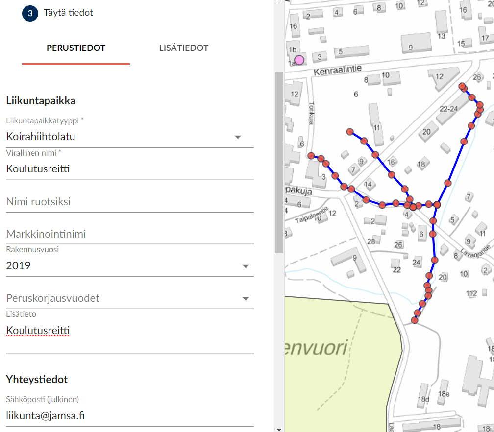 Lisätiedot-välilehden kysymykset vaihtuvat liikuntapaikkatyypin mukaan.