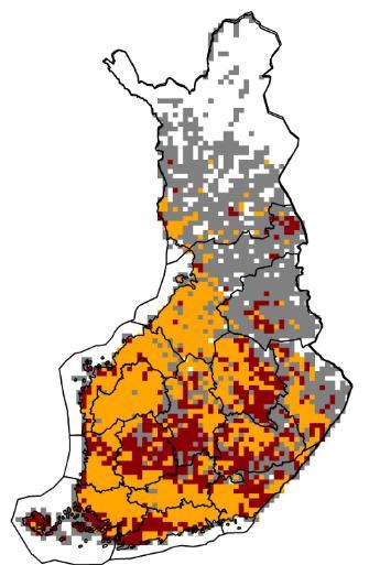 Kuva 1. PeltoOptimi-työkalun ehdottamien laajaperäistettävien ja metsitettävien lohkojen alueellinen sijoittuminen maltillisessa maankäytön muutosten tavoiteasetannassa.