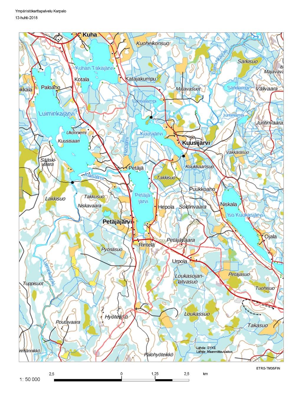 Luiminkajärvi ja Petäjäjärvi sijaitsevat Luiminkajärven Kuusijärven vesistöalueella (61.472). Oman ja yläpuolisen valumaalueen pinta-ala on yhteensä 222 km 2 ja järvisyys 4,7 %.