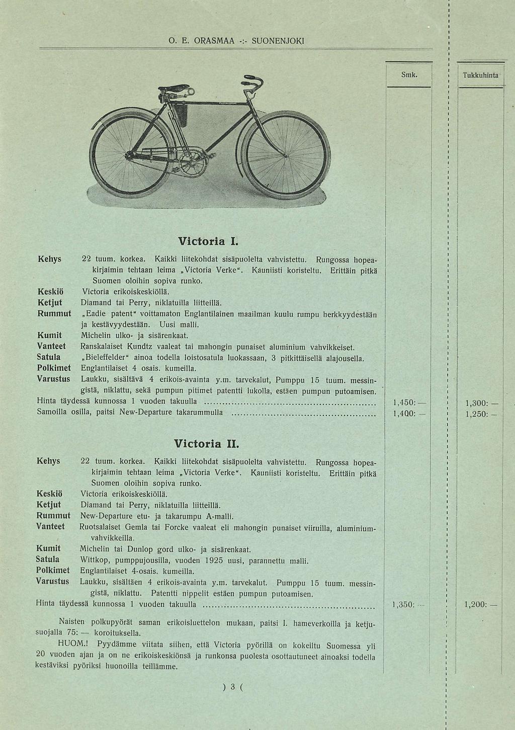 ! Vctora. Kehys 22 tuum. korkea. Kakk ltekohdat ssäpuolelta vahvstettu. Rungossa hopea- krjamn tehtaan lema»vctora Verke. Kaunst korsteltu. Erttän ptkä * Suomen olohn sopva runko.