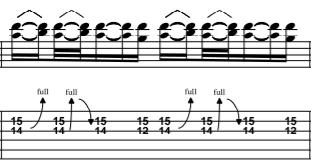 Samoin Gilmour soittaa kahta ääntä yhtä aikaa niin, että hän bendaa samalla matalampaa ääntä. (Nuottiesimerkki 8.) Nuottiesimerkki 8.