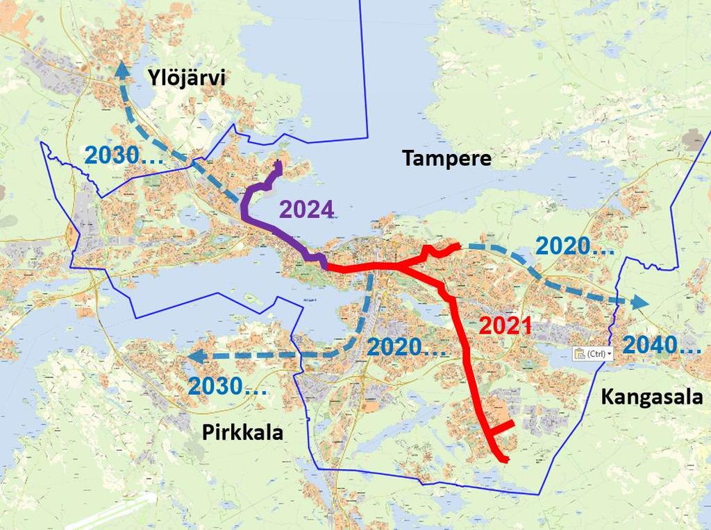 Raitiotien jatkolinjat Rakentaminen toteutusosalla 1 alkanut 2016. Tässä vaiheessa rakennetaan kaksi raitiotielinjaa (15 km) ja varikko. Toteuttaminen aikataulussa ja tavoitekustannuksessa.