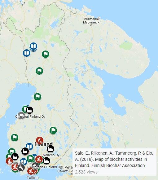 Suomen Biohiilikartta Yhdistys ylläpitää biohiilikarttaa Julkaistu marraskuussa 2018 Tutkimusorganisaatioita 9 Tieteellisiä projekteja 17