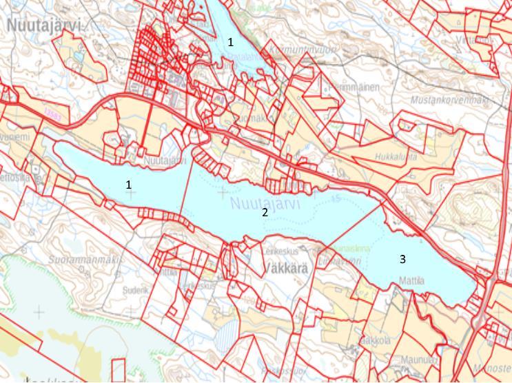 Nuutajärvi 29.11.2018 4 (12) Kuva 2. Valuma-alue (Maanmittauslaitos 10/2018, SYKE 10/2018). 2 Ranta- ja vesialueen omistustiedot Järvellä on kolme osakaskuntaa (kuva 3). 1. Nuutajärvenkylän osakaskunta 887-427-876-2 2.