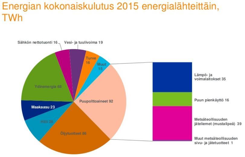 7 Kuva 1. Energian kokonaiskulutus 2015 energialähteittäin, TWh (Ylitalo 2017). 3.1.1 Soodakattila Mustalipeää poltetaan soodakattiloissa.