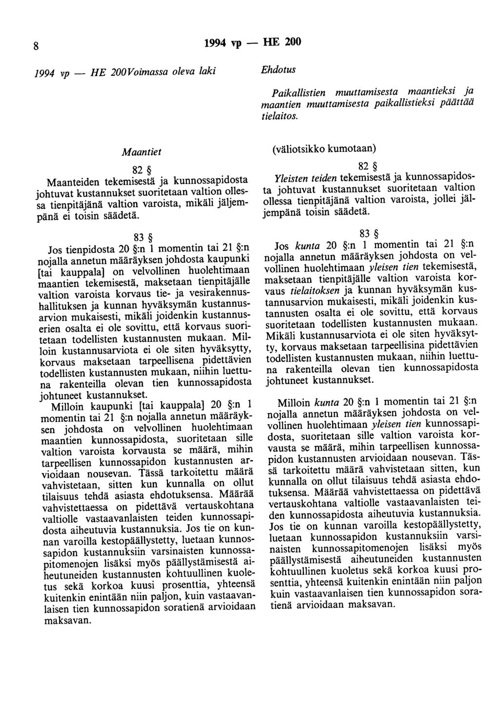 8 1994 vp - HE 200 1994 vp - HE 200Voimassa oleva laki Ehdotus Paikallistien muuttamisesta maantieksi ja maantien muuttamisesta paikallistieksi päättää tielaitos.