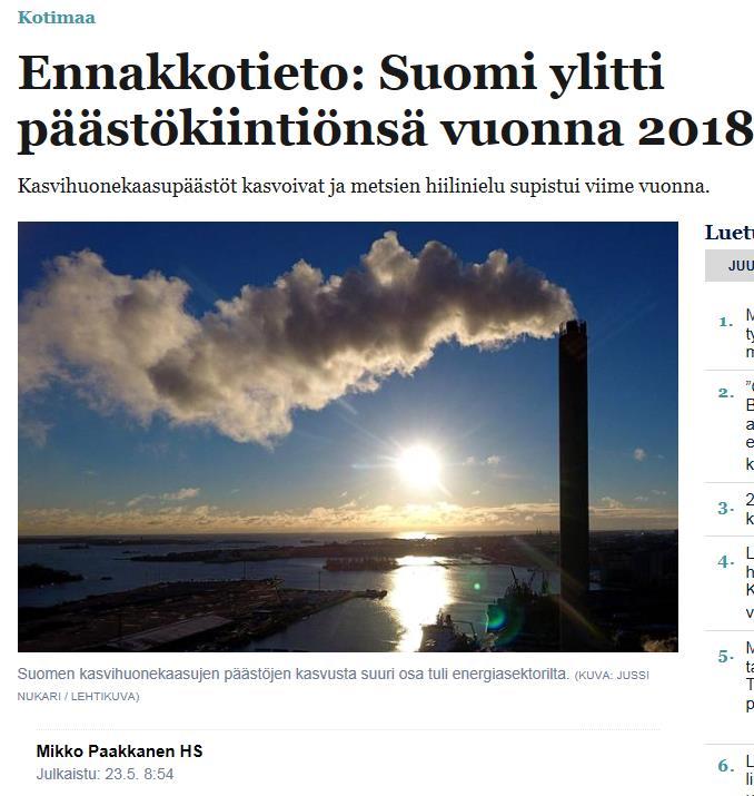 TAUSTA Kokonaispäästöt kasvoivat noin 1,1 miljoonaa tonnia eli kaksi prosenttia verrattuna edellisvuoteen.