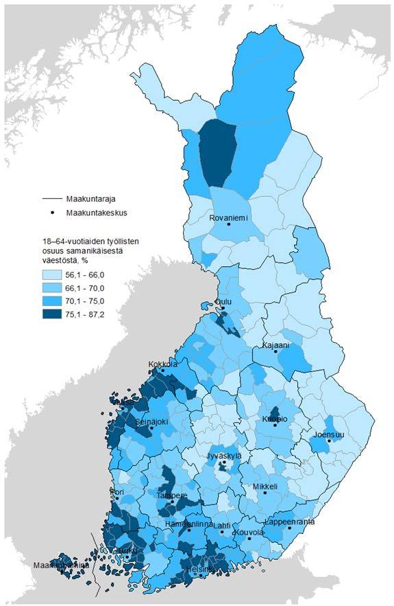 TYÖLLISYYS Taulukko 8. Rovaniemen työlliset, työttömät ja työllisyysaste sekä työvoiman ulkopuolella olevat ikäluokittain vuonna 2017 Ero ed.