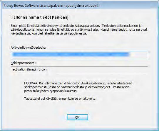 Jaettavan lisenssin korjaaminen Tässä valintaikkunassa on tiedot, jotka tarvitaan aktivointipyynnön lähettämiseksi Pitney Bowes Softwarelle.