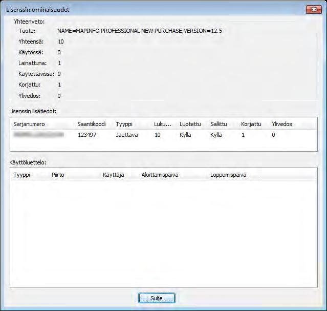 Jaettavien lisenssien käyttörajan ylitys Nyt lisenssien yhteenvetotiedoissa näytetään MapInfo Professionalin korjaamien lisenssien määrä.