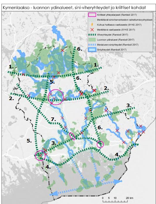 Sini viherrakenne: luonnon ydinalueet, sini viheryhteydet ja kriittiset yhteystarpeet + vaellusesteet Ydinalueiden välisiä toiminnallisia viheryhteyksiä määriteltiin kustannusreititysanalyysillä,