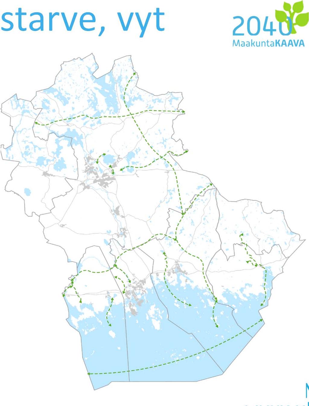 Sini viheryhteystarve, vyt Merkintää käytetään osoittamaan niitä virkistysalue tai ekologiseen verkostoon liittyviä olemassaolevia tai tavoitteellisia yhteyksiä, joilla on valtakunnallinen,