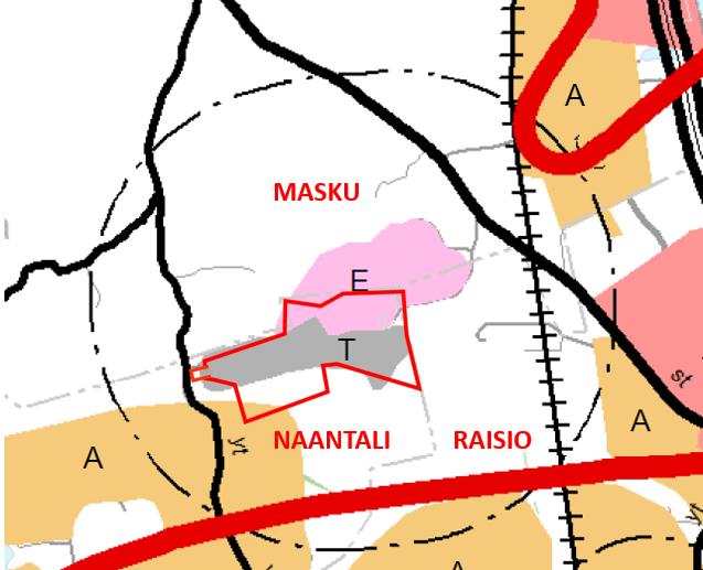 Siinä suunnittelualueeseen rajautuvalle alueella Maskussa on osoitettu erityistoimintojen alue/-kohde merkinnällä E, joka on tarkoitettu mm. energia- ja jätehuollon toimintoja varten.