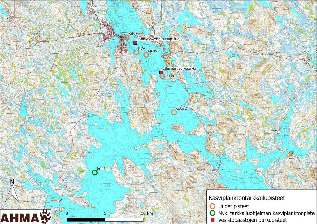 Kuva 5. Kasviplanktonin tarkkailupisteet vuodesta 2019 alkaen. Näytteet otetaan kesä-elokuussa 0-2 m kokoomanäytteenä, 50 cm pituisella noutimella neljä nostoa peräkkäisistä syvyyksistä.