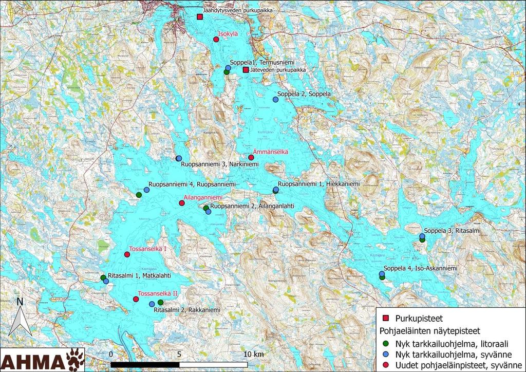 Kuva 7. Uusien pohjaeläinnäytealojen sijainnit. Järvien pohjaeläinnäytteenotto tapahtuu standardia SFS 5076 soveltaen. Näytteet otetaan Ekmannäytteenottimella syys-lokakuussa.