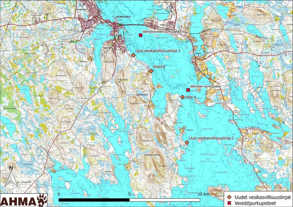 Taulukko 10. Uusien vesikasvillisuuslinjojen koordinaatit.