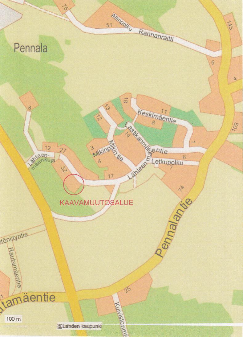 1. PERUS- JA TUNNISTETIEDOT Alue sijaitsee Pennalan kylässä, Lastikanrinteen osa-alueella, Lähteenmäentien eteläpuolella.