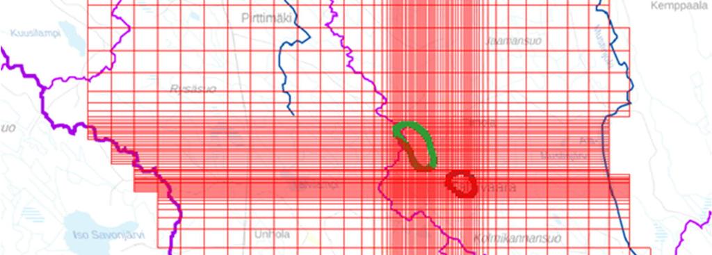 painekorkeus. Uutela Viinakorpi Kuva 1. Pohjavesimallin laskentahila ja mallin rajaus valuma-aluekartalla. Hilan koko länsi-itäsuunnassa 7376 m ja etelä-pohjoissuunnassa 8751 m.