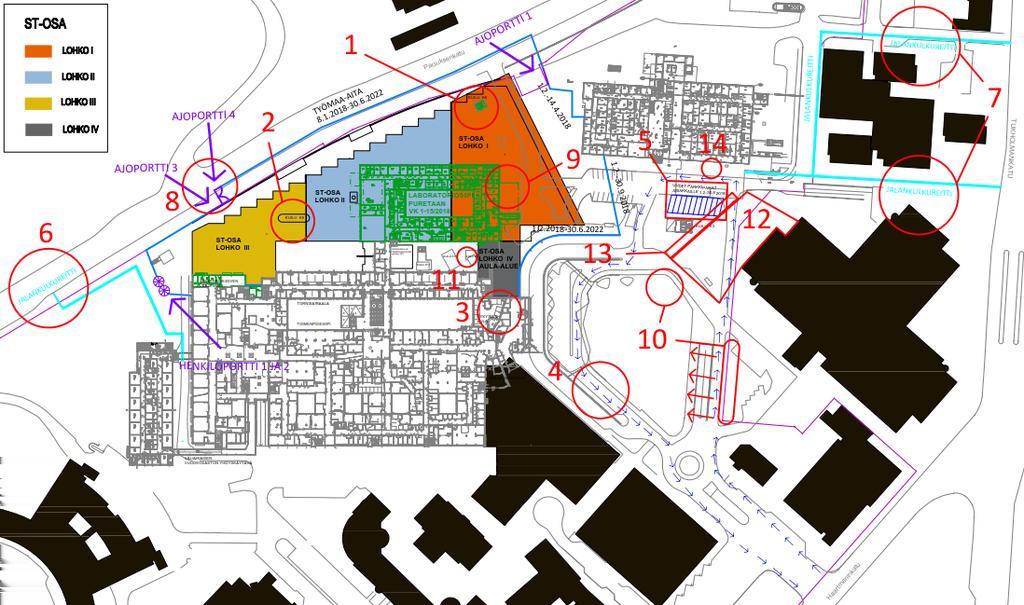 Kuva 5. Siltasairaalan työmaa-alue aitauksineen ja purettavine rakennuksineen vaiheen 2 aikana Yllä (kuva 5) on esitetty seuraavat liikennejärjestelyihin liittyvät kohdat punaisin ympyröin: 1.
