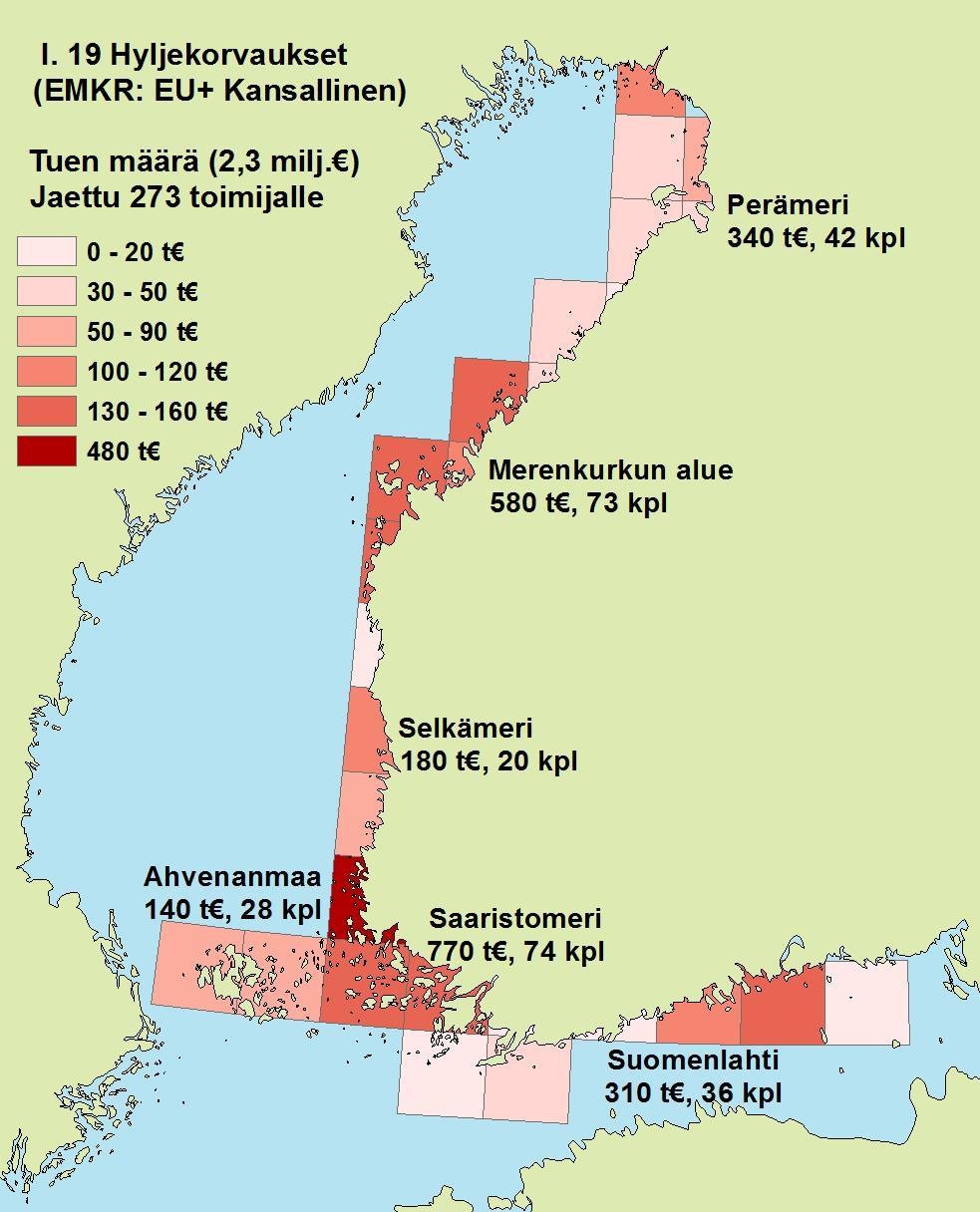 I.19 Hylkeiden ja merimetsojen aiheuttamien vahinkojen korvaaminen EMKR (EU + kansallinen) Yhteensä 2,3