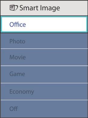 Valittavanasi on kuusi tilaa: Office (Toimisto), Photo (Valokuva), Movie (Elokuva), Game (Peli), Economy (Säästö) ja Off (Pois) päältä. 3.2 SmartContrast Määritelmä?