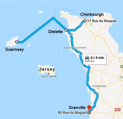 Lähtö Dielettestä 24.6.2019 klo 9:20. Lähtö Guernseystä 24.6.2019 klo 19:05, matka-aika tunti 10 minuuttia. Matkan edestakainen hinta 34 euroa henkilöltä. Laivamatkan varaus: http://www.manche-iles.